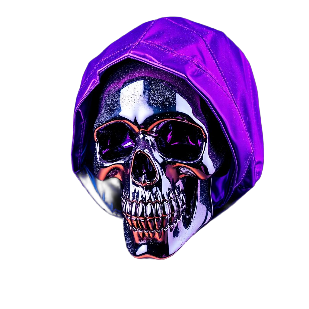 Chrome grim reaper skull in a glittery purple hood